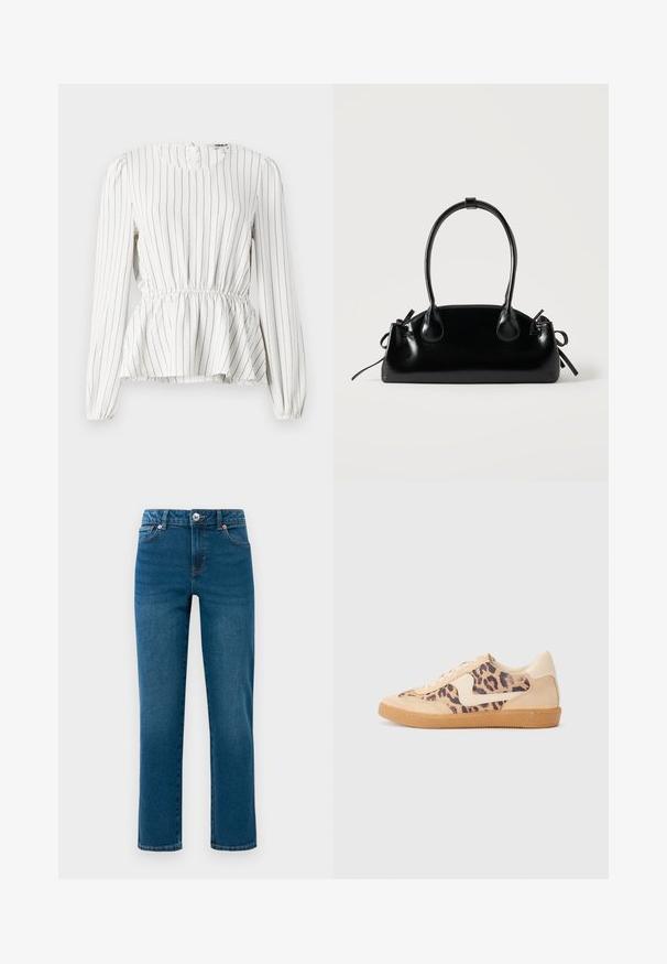 Witte blouse met lange mouwen en verticale zwarte strepen, gathered taille, ronde hals en elastische manchetten. Lichtgewicht stof met een zachte textuur.; Blauwe rechtvallende denim jeans met vijf zakken, knoop- en ritsluiting, en riemlussen, weergegeven op een witte achtergrond.; Luipaardprint sneakers met een beige suède bovenkant, tan rubberen zool en witte accenten. Ronde neus en vetersluiting met een gestructureerde afwerking.; Kleine zwarte glanzende handtas met twee lange hengsels en zijkant trekkoord details op een effen lichte achtergrond.