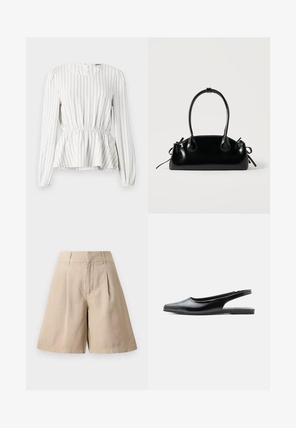 Blouse blanche à manches longues avec des rayures verticales noires, taille froncée, encolure ronde et poignets élastiques. Tissu léger avec une texture douce.; Shorts en coton beige avec des plis, dotés d'une taille haute et d'une coupe droite. Leur texture lisse et leur design ajusté offrent une apparence structurée.; Chaussure plate à bride arrière en cuir verni noir avec bout pointu et petit talon sur fond blanc.; Petit sac à main noir brillant avec deux longues anses et des détails à cordon sur les côtés sur un fond clair uni.