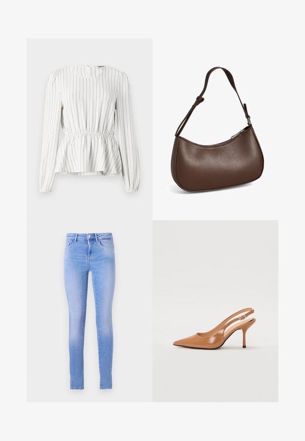 Blusa blanca de manga larga con rayas verticales negras, cintura fruncida, escote redondo y puños elásticos. Tejido ligero con textura suave.; Jeans skinny azul claro con un lavado descolorido, que cuentan con un diseño de cinco bolsillos, cierre de botón al frente y un dobladillo limpio.; Zapato de tacón tipo slingback con punta afilada en un material suave y brillante de color marrón. Presenta un diseño con corte curvado y un tacón de aguja delgado. Detalle de hebilla plateada.; Pequeño bolso bandolera de cuero marrón con correa ajustable y cierre de cremallera, mostrado sobre un fondo blanco. Sin logotipos ni adornos visibles.