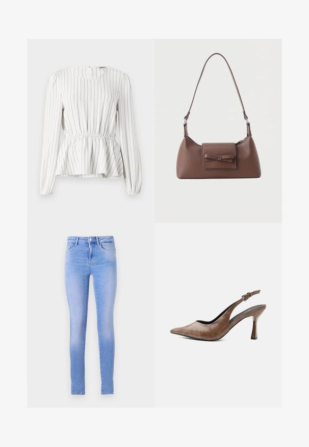 Blouse blanche à manches longues avec des rayures verticales noires, taille froncée, encolure ronde et poignets élastiques. Tissu léger avec une texture douce.; Jean skinny bleu clair avec un délavage, comprenant un design à cinq poches, une fermeture à bouton à l'avant et un ourlet net.; Chaussure slingback en cuir marron à talons hauts, bout pointu, bride ajustable à boucle et talon fin et effilé.; Sac à bandoulière en cuir marron avec une poche à rabat avant ornée d'un détail en forme de nœud cousu et une sangle réglable.