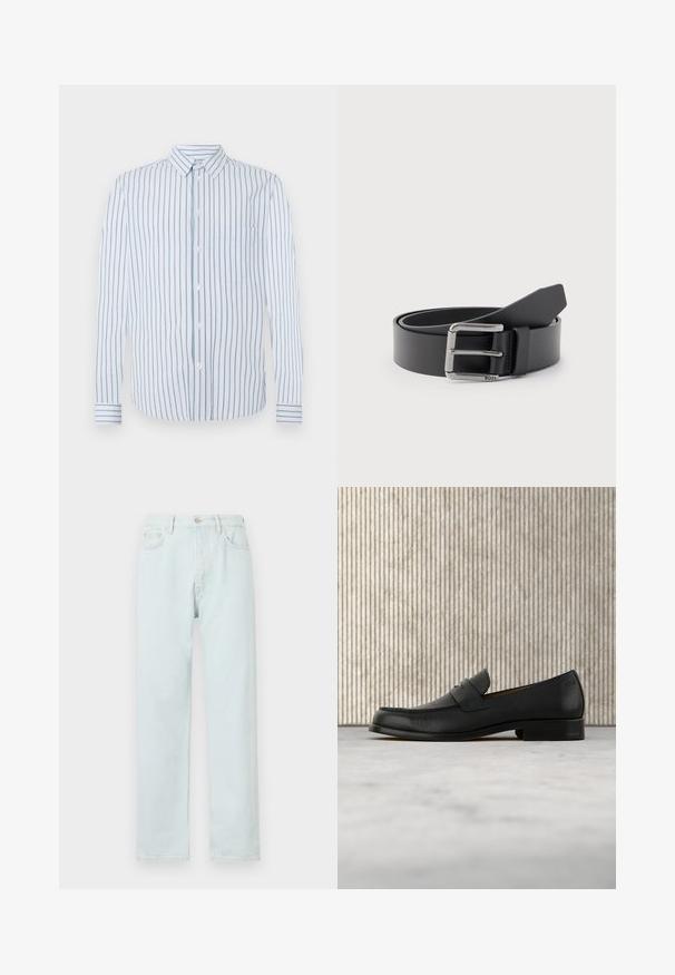 Gestreiftes Hemd mit vertikalen hellblauen und weißen Streifen, Knopfverschluss und einer einzelnen Brusttasche. Lange Ärmel mit knöpfbaren Manschetten.; Helleblau geradlinige Jeans aus Denim mit Knopfverschluß, dezentem Used-Look und Fünf-Taschen-Design.; Schwarzer Leder-Slipper schwebt über einem beigen Teppich, im Hintergrund ein glänzender, runder brauner Tisch.; Schwarzer Ledergürtel, zusammengerollt mit silberner rechteckiger Metallschnalle, auf der "BOSS" eingraviert ist, vor hellem grauem Hintergrund.