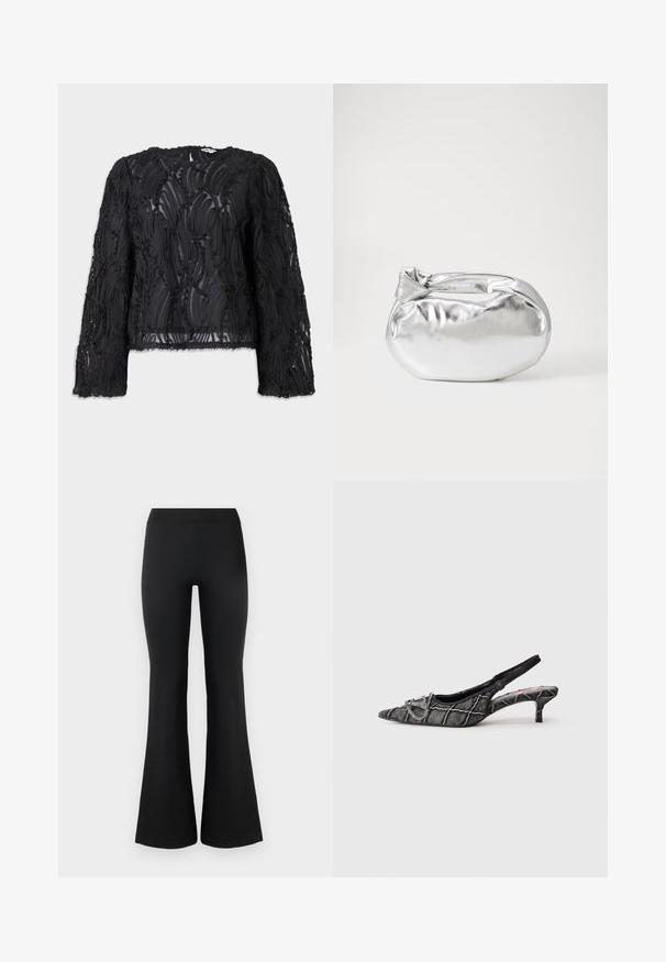 Haut noir à manches longues avec un design superposé et texturé présentant des tourbillons. Fabriqué à partir d'un matériau transparent, avec un col rond et des bords bruts.; Pantalons évasés noirs en tissu lisse et extensible. Dotés d'une taille haute et de bords évasés pour un look ajusté. Design simple.; Escarpin noir avec bride arrière, talon kitten, bout pointu, motif texturé et détail de boucle argentée sur fond blanc.; Pochette en métal argenté avec une forme douce et arrondie et un fermoir en haut noué. Fabriquée en simili cuir lisse.
