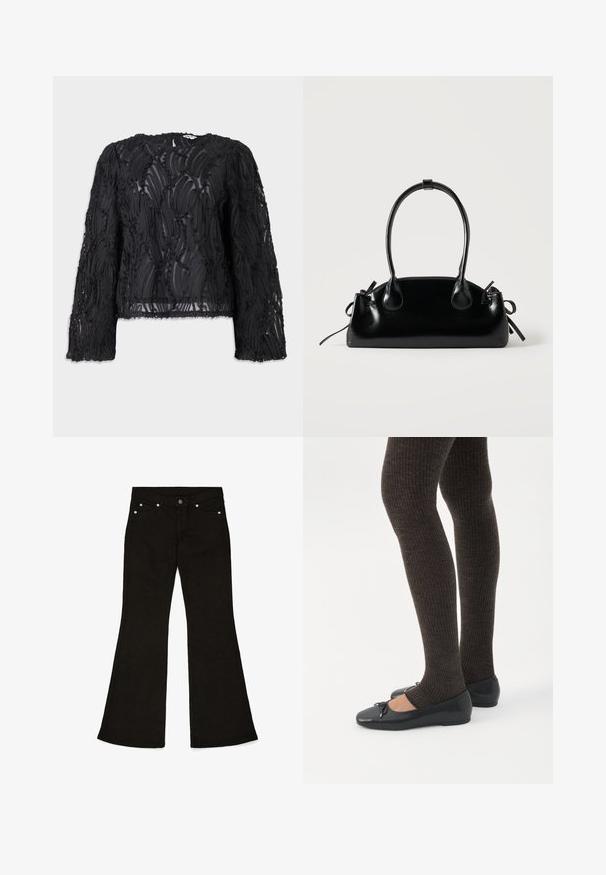 Sort langærmet top med lagdelt, tekstureret design med svulm. Fremstillet af gennemsigtigt materiale, med rund halsudskæring og rå kanter.; Sorte flared jeans lavet af bomuld. Har en knap- og lynlåslukning, fem lommer og hardware i sølvfarve. Glat tekstur.; Ben iført mørke ribbede leggings kombineret med sorte balletsko med små sløjfedetaljer på hvid baggrund.; Lille sort blank håndtaske med to lange håndtag og snøre-detaljer i siden på en ensfarvet lys baggrund.