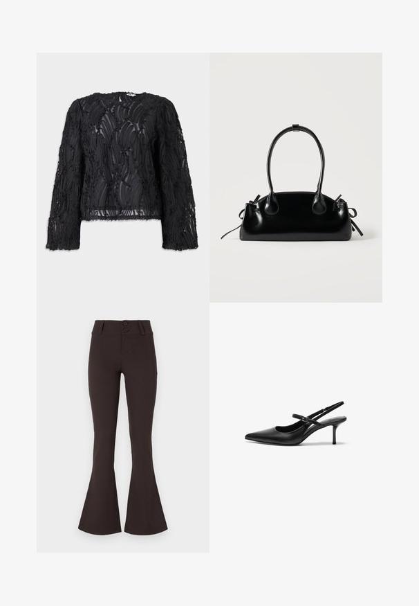 Haut noir à manches longues avec un design superposé et texturé présentant des tourbillons. Fabriqué à partir d'un matériau transparent, avec un col rond et des bords bruts.; Pantalons évasés marron en tissu extensible. Caractérisés par une taille haute avec deux boutons et une texture lisse. Sans motifs ni embellissements.; Talons aiguilles noires en cuir avec un bout pointu, une fine bride réglable, et un talon aiguille d'environ 5 cm, texture lisse.; Petit sac à main noir brillant avec deux longues anses et des détails à cordon sur les côtés sur un fond clair uni.
