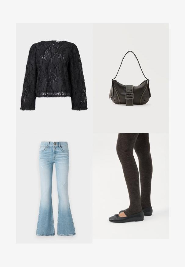 Zwarte lange mouwen top met gelaagd, textuurontwerp met spiraalvormen. Gemaakt van doorzichtig materiaal, met een ronde halslijn en onafgewerkte randen.; Lichtblauwe denim flared jeans met een hoge taille, met subtiele slijtage, een sluiting met twee knopen en een klassiek vijf-pocket ontwerp.; Benen met donkere geribbelde leggings gecombineerd met zwarte ballerina's met kleine strikdetails op een witte achtergrond.; Zwarte leren schoudertas met gespsluiting aan de riem, afgeronde hoeken en contrasterende witte stiksels op een effen achtergrond.