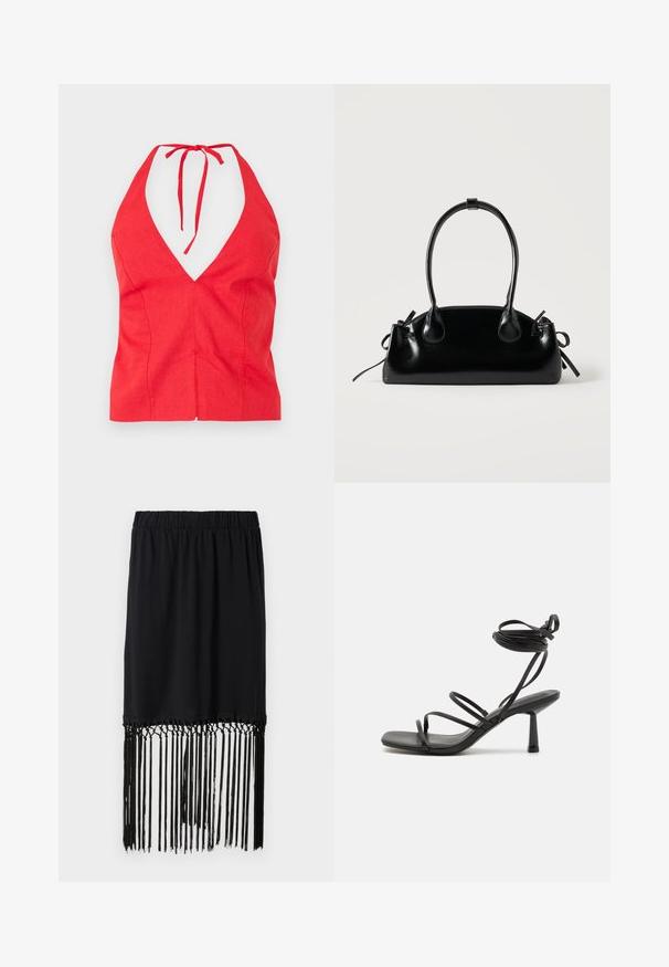 Top halter rojo con escote en V profundo, hecho de tela texturizada, que cuenta con una tirante para el cuello atado y un corte ajustado con una costura frontal.; Falda negra con cintura elástica y dobladillo con flecos. Los flecos están hechos de hilos finos, aportando textura y detalle al diseño.; Sandalia negra de tiras con punta cuadrada, lazos ajustables en el tobillo y un tacón bloque delgado. Fabricada con un material suave y duradero.; Pequeño bolso negro brillante con dos asas largas y detalles de cordón lateral sobre un fondo claro liso.