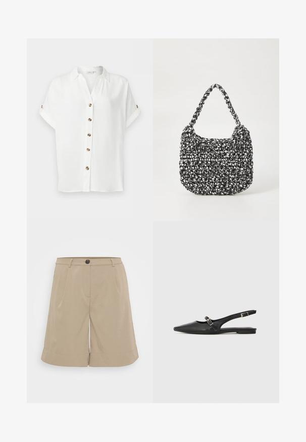 Kortærmet hvid bluse med brune knapper foran og på optrukne ærmer, med klassisk krave og afslappet pasform.; Khaki shorts lavet af letvægtsstof, med flad front, plisseringer, knaplukning og rullede nederkanter. Simpelt og skræddersyet design.; Sorte læder slingback-sko med spids tå, med en smal rem og en sølvspænde-detalje på siden. Flad sål.; Vævet håndtaske i sort og hvid med en rund form, tekstureret overflade og et fletet håndtag. Velegnet til afslappet brug.