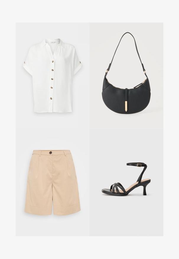 Kurzärmelige weiße Bluse mit braunen Knöpfen vorne und an den hochgekrempelten Ärmeln, mit klassischem Kragen und legerer Passform.; Beige Baumwollshorts mit maßgeschneidertem Design, ausgestattet mit einem Knopfverschluss, vorderen Falten und einem umgeschlagenen Saum für zusätzliche Details und Struktur.; Schwarze Absatzsandalen mit mehreren dünnen Riemen über den Zehen, einem einzelnen Knöchelriemen mit goldener Schnalle und einer quadratischen Zehenform.; Schwarze halbmondförmige Handtasche mit einem einzelnen Träger, goldenem Reißverschluss und einer goldenen rechteckigen dekorativen Lasche vorne.
