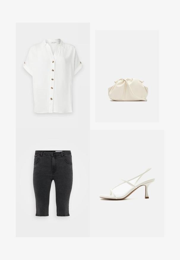 Kortærmet hvid bluse med brune knapper foran og på optrukne ærmer, med klassisk krave og afslappet pasform.; Sorte denim capri-bukser med lige skæring, fem lommer og tonalt syning. Stoffet har en let tekstur og et klassisk design.; Hvid kvindes sandal med åben tå, tynde krydsede stropper og slingback på en lys baggrund.; Blød, cremefarvet læder clutch taske med samlet, rynket design og en tynd skulderrem, der hviler foran på en ensfarvet baggrund.