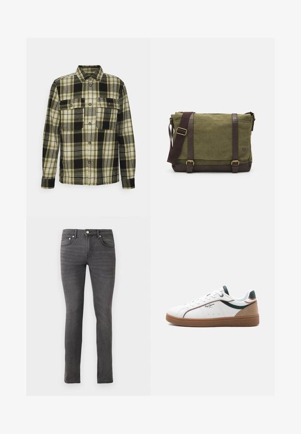 Only & Sons ONSSCOTT CHECK OVERSHIRT - Overhemd - black; Grijze denim jeans met een slim fit, met een klassieke vijf-pocketontwerp, voorste knoopsluiting en subtiele textuurdetails overal.; Witte lage sneaker met een bruine zool, groene en beige accenten, witte veters en het "Pepe Jeans London"-logo aan de zijkant.; Groene stoffen schoudertas met bruine leren accenten, een voorflap, een verstelbare schouderriem en een ritssluiting aan de bovenkant. Voorzien van gouden hardware.