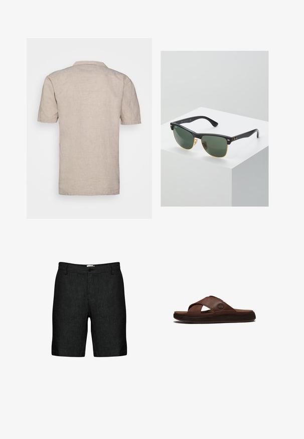 Korte mouwen beige linnen shirt met een kraag, voorzien van een gestructureerde stof en een rechte zoom, zonder zichtbare patronen of accenten.; Zwarte linnen shorts met een vlakke voorkant, riemlussen en een enkele knoopsluiting. Ze hebben een gestructureerde stof en licht toegespitste broekspijpen.; Bruine leren slip-in sandalen voor heren met gekruiste banden en een zwarte, getextureerde zool, voorzien van een klein, ingebrand boomlogo op de buitenste band.; Ray-Ban zonnebrillen met groene lenzen, zwarte plastic monturen en gouden accenten aan de randen. Vierkante vorm met een matte afwerking.