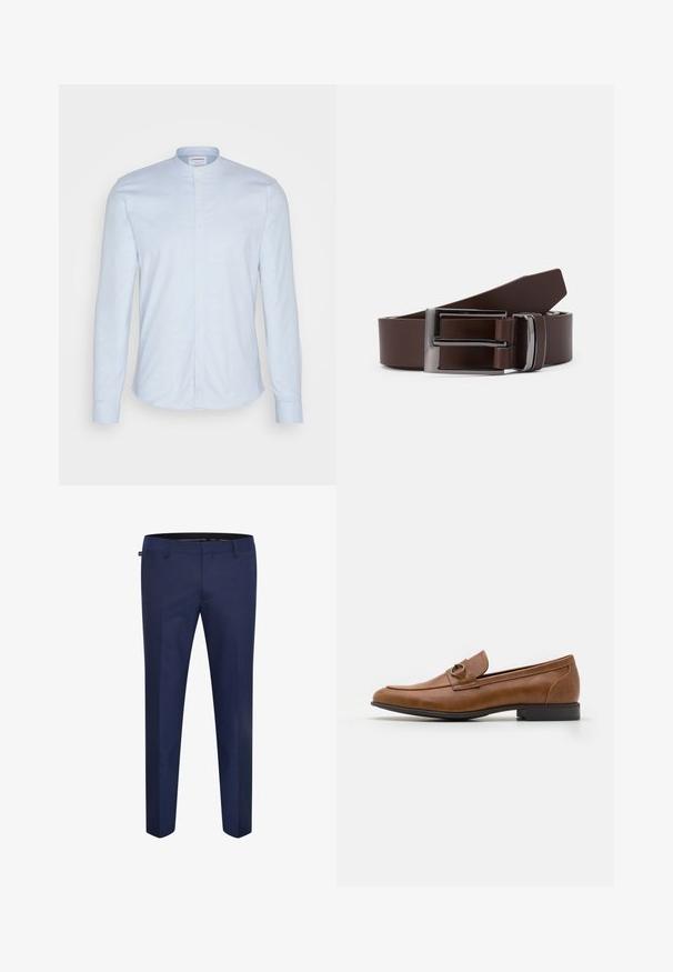 Chemise à manches longues bleu clair avec col mandarin, dotée d'une fermeture à boutons et d'un tissu doux et texturé. Coupe ajustée avec un ourlet arrondi.; Pantalons ajustés bleu marine en tissu lisse, avec une coupe slim et un devant plat sans poches visibles ni ornements.; Mocassins en cuir marron avec un talon plat, ornés d'un accent métallique décoratif à l'avant, au design épuré et à la texture lisse.; Ceinture en cuir marron avec une boucle en métal argenté, présentant une texture lisse et un design rectangulaire épuré. Simple et fonctionnelle.