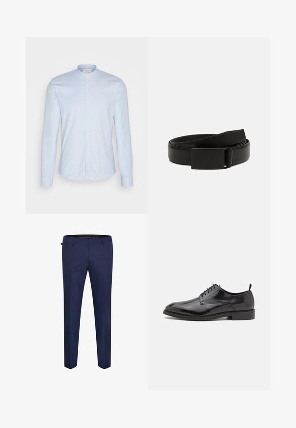 Hellblaues Langarmhemd mit Mandarin-Kragen, ausgestattet mit einer Knopfleiste und weichem, strukturiertem Stoff. Taillierte Passform mit abgerundetem Saum.; Marineblaue maßgeschneiderte Hose aus einem glatten Stoff, mit schmaler Passform und flacher Vorderseite ohne sichtbare Taschen oder Verzierungen.; Schwarze Lederschuhe mit glatter Oberfläche, runder Spitze und Schnürdesign. Verfügt über eine flache schwarze Gummisohle und einen kleinen Absatz.; Schwarzer Leder-Gürtel mit glatter Oberfläche, ausgestattet mit einer rechteckigen, mattschwarzen Schnalle und einem klassischen, minimalistischen Design.