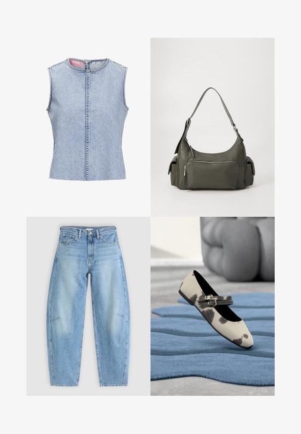 Denim top uden ærmer i lyseblå, med rund halsudskæring, lynlås foran og rå kantdetaljer. Materialet har en tekstureret overflade.; Lyseblå denimjeans med en afslappet pasform, der har høj talje, lige ben og diskrete syninger på frontlommen.; Beige flad sko med sorte pletter og dobbelte spænder, hvilende på et struktureret blåt tæppe.; Grøn læder skuldertaske med et buet design, lynlåslomme foran og ekstra sidelommer. Glat tekstur og minimalt hardware.
