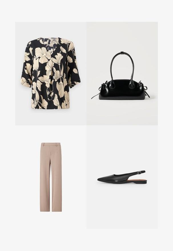 Zwarte blouse met een bloemenpatroon in beige, gemaakt van lichte stof. Het heeft een ontspannen pasvorm en korte mouwen met een subtiele plooidetail.; Beige broek met hoge taille en wijde pijpen, met riemlussen, voorplooien en een verborgen voorzijde sluiting.; Zwarte leren slingback schoen met een spitse neus, subtiele glans en een verstelbare enkelband. Platte hak met een brown inlegzool.; Kleine zwarte glanzende handtas met twee lange hengsels en zijkant trekkoord details op een effen lichte achtergrond.