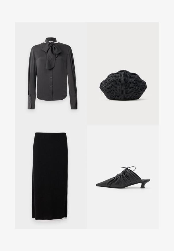 Schwarze Bluse aus glattem Stoff mit einem Schleifenkragen, langen Ärmeln, Knopfleiste und Manschettendetails.; Schwarzer Strickrock mit geradem Schnitt, ausgestattet mit einem seitlichen Schlitz und einem kontrastierenden weißen Saum. Glatte Textur, knielanges Design.; Schwarze Leder-Mules zum Hineinschlüpfen mit spitzer Zehe, geraffter Textur und kleinem Kitten-Heel. Verfügt über ein Zugbanddetail am Öffnung.; Schwarze Korbtasche in Muschelform mit gebogenem Oberteil und gewebter Textur auf einfarbigem Hintergrund.