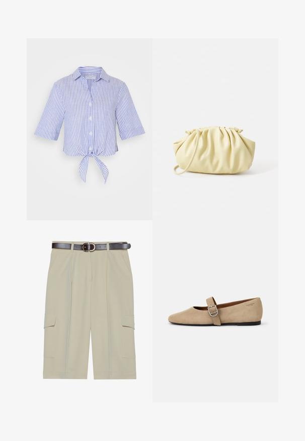 Korte mouwen, overhemd met kraag in blauw en witte strepen met een voorste knoopdetail. Gemaakt van lichte stof met knoopsluitingen.; Beige cargoshorts met een ontspannen pasvorm, voorzien van twee zijzakken en een bruine riem met een ronde gesp, gladde stoftextuur.; Beige suède Mary Jane balletschoenen met een spitse neus en een enkele verstelbare band met een zilveren gesp. Zwarte platte zool.; Geel geplooide handtas van soepel nepleer, met een zachte vorm, een enkele schouderriem en een verzameld ontwerp aan de bovenkant.