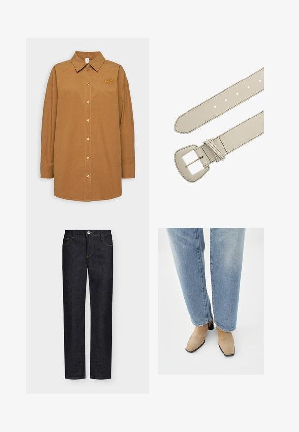 Résumé PIPPA - Hemdbluse - breen; Schwarze Jeans mit geradem Bein, Vordertaschen, Gürtelschlaufen und Knopfverschluss auf einfarbigem Hintergrund.; Beige Wildleder-Stiefeletten mit spitzer Zehenpartie und niedrigem schwarzen Blockabsatz, getragen zu hellblauen Jeans mit geradem Bein.; Beiger Ledergürtel mit genähten Kanten, rechteckiger Metallschnalle und fünf Einstelllöchern am Riemen.