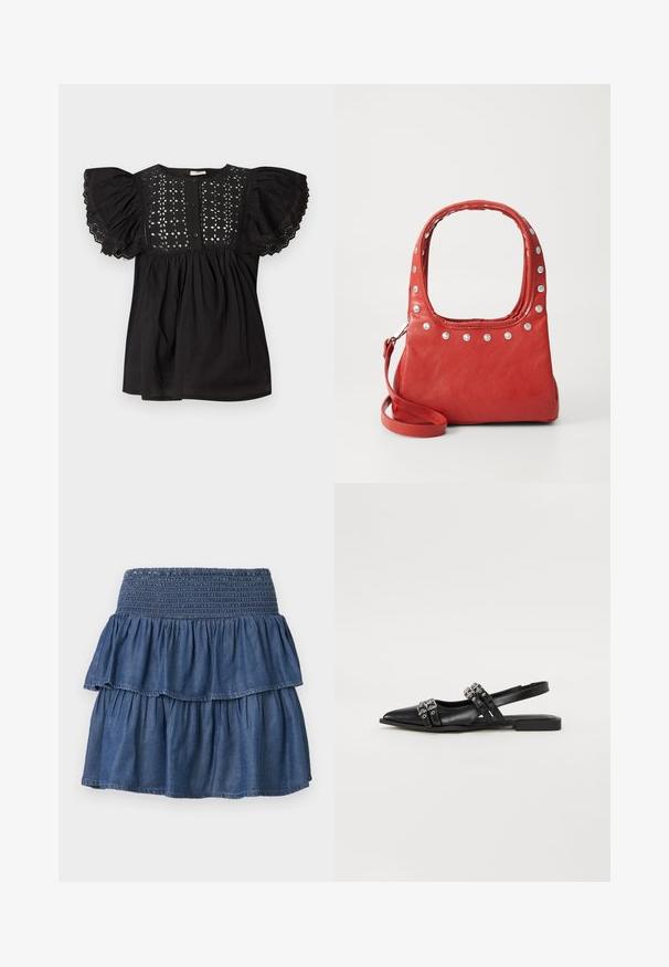 Sort bluse med puffede kortærmer med blonder, hulmønster med blomster på øverste bryst, og knaplukning foran.; Blå lagdelt denimnederdel med bred smocktalje og to opsamlede lag på en ensfarvet baggrund.; Even&Odd by Zalando Slingback-ballerinasko - black; Rød lædertaske med sølvnitter rundt om den øverste kant og håndtagene, der har en aftagelig skulderrem på en ensfarvet baggrund.
