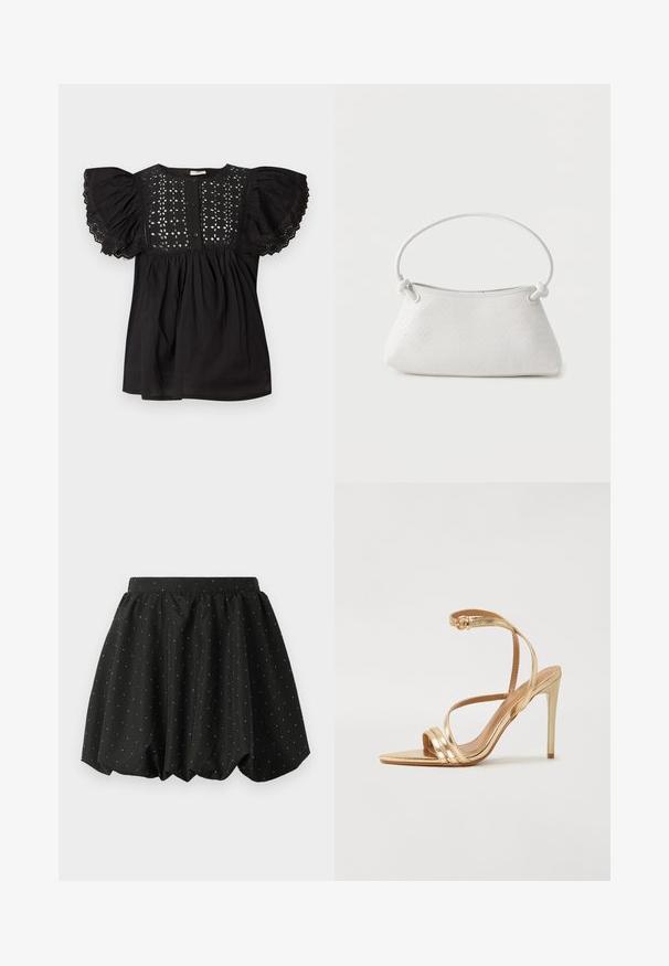 Blouse noire avec manches courtes bouffantes bordées de dentelle, motif floral en broderie ajourée sur la partie supérieure de la poitrine et patte de boutonnage à l'avant.; Jupe bulle noire avec une taille élastique et un motif de pois blancs. Fabriquée en tissu léger, elle présente un design volumineux et un ourlet arrondi.; Even&Odd by Zalando Sandales - gold; Sac à main en cuir tressé blanc avec poignée arrondie et extrémités de lanière nouées, présenté sur un fond uni.