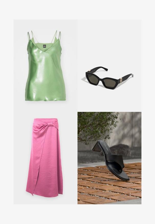 Grøn satin camisole med V-hals, tynde justerbare stropper og en glat, skinnende overflade. Enkel, tætsiddende design. Mærkenavn: BOSS.; Lang pink nederdel lavet af blødt stof, med et frontwrap design og knyttet detalje i taljen, samt en lige silhuet.; Sort Calvin Klein hælet sandal med tå-loop på trægulv udendørs nær et træ og en stenmur.; Tommy Hilfiger Solbriller - black
