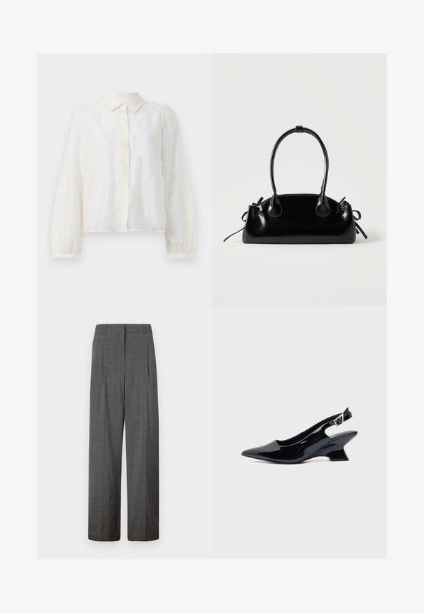 Camisa blanca bordada con mangas largas, cierre de botones en el frente y cuello. Pequeños patrones florales decoran la tela.; Vero Moda VMSIKITA WIDE DAD PANT - Pantalones - medium grey/black; Zapato slingback de cuero charol negro con puntera puntiaguda y tacón bajo en bloque inclinado sobre fondo claro liso.; Pequeño bolso negro brillante con dos asas largas y detalles de cordón lateral sobre un fondo claro liso.