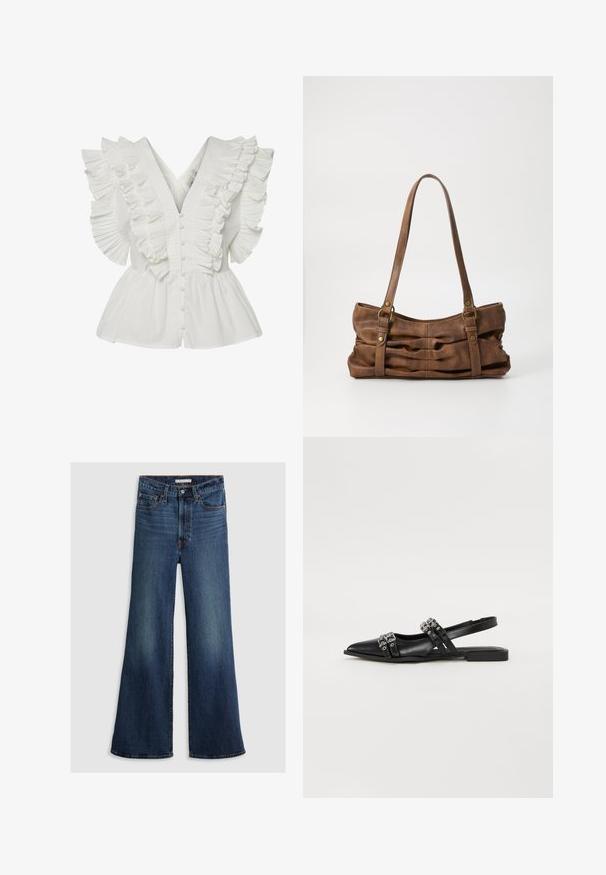 Blusa blanca con escote en V, mangas rizadas con pliegues y cierre de botones en la parte delantera. El dobladillo acampanado añade volumen y contraste.; Jeans de pierna ancha en denim azul oscuro, con una cintura alta, diseño de cinco bolsillos y costuras en contraste a lo largo de las costuras y la cinturilla.; Even&Odd Bailarinas con tira trasera - black; Even&Odd Bolso de mano - brown