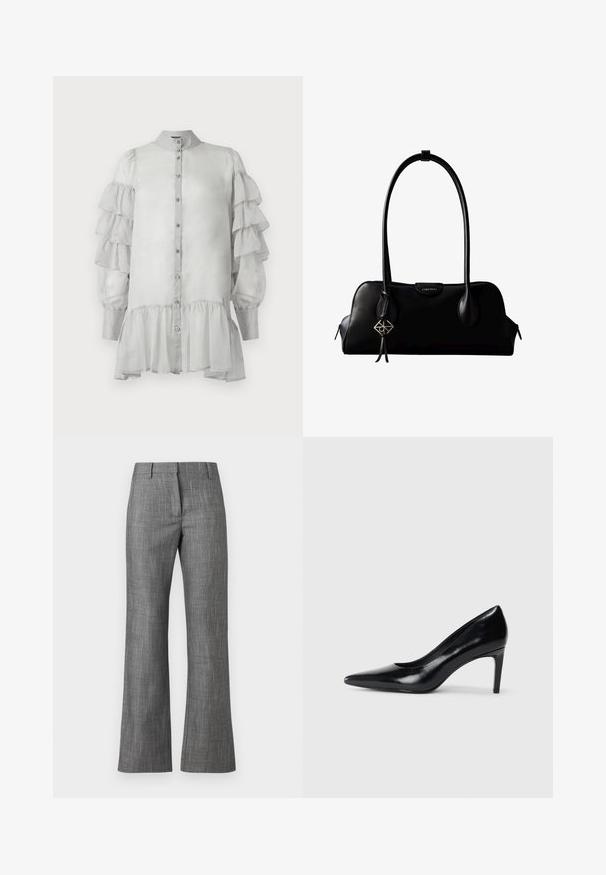 Blouse gris clair à manches longues avec manches à volants superposés, boutons sur le devant, col droit et ourlet volanté sur fond blanc.; Pantalon gris sur mesure avec un motif pied-de-poule, coupe droite et texture lisse. Comprend une ceinture avec passants.; Chaussure à talon haut en cuir noir avec un bout pointu, texture lisse et un talon effilé. Design minimaliste, sans embellissements supplémentaires.; Sac à main en cuir noir Calvin Klein avec de longues anses, une étiquette logo à l'avant et un charme géométrique argenté suspendu à une anse.
