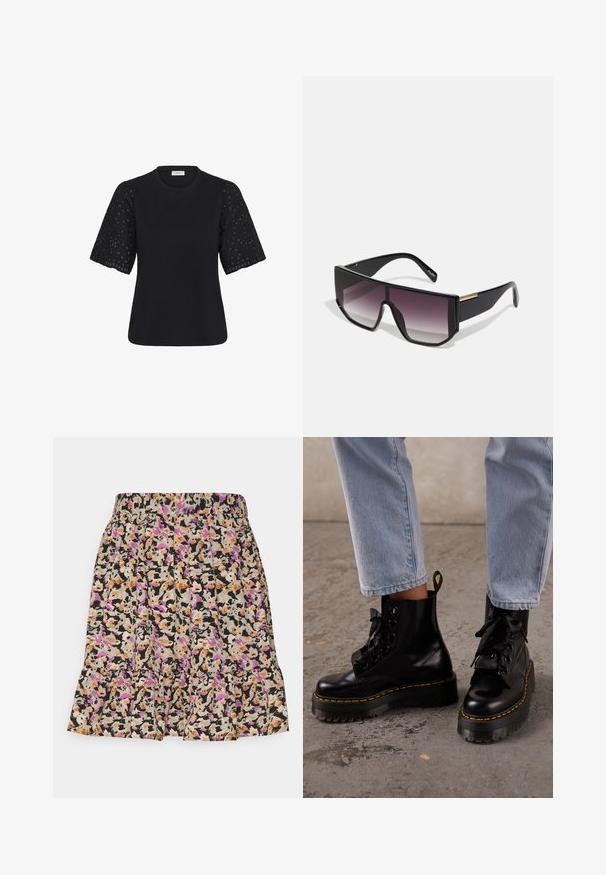 Sort top med korte ærmer, rund hals og semitransparente blondeærmer med prikbroderi og bølgede kanter.; Pieces Petite PCMONICE SKIRT - Mini skirts - black/graphiclilac; Person iført lyseblå jeans og sorte læder platformssnørestøvler med gul syning på en beton gulv.; ALDO THIEDAN - Solbriller - black/gold-oloured/multi
