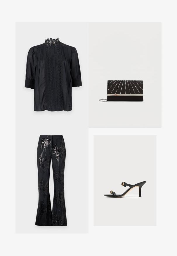 Blouse noire semi-transparente avec col en dentelle, détails en dentelle verticale et plis creux, boutonnée à l'avant, et manches trois-quarts bouffantes avec poignets en dentelle.; The Kooples PANTALON SEUL - Pantalon classique - black; Sandale à talon noire avec deux fines lanières avec boucles circulaires dorées, un talon haut pointu et une bordure de semelle beige.; Pochette noire à la texture lisse, ornée de lignes cloutées argentées rayonnant depuis le centre, avec un fermoir en métal argenté et une bandoulière chaîne.