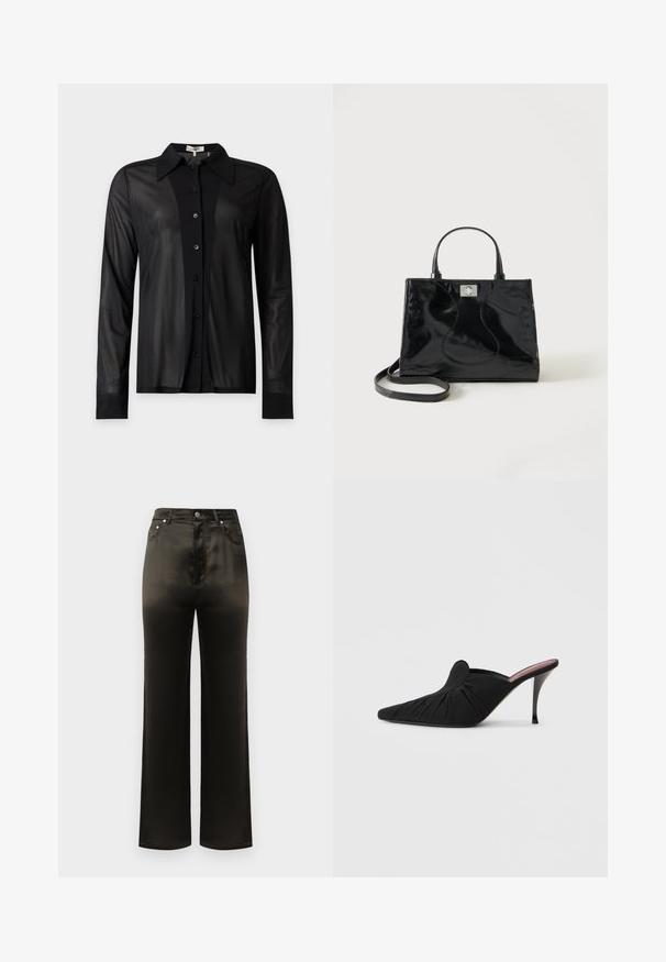 Chemise noire transparente à manches longues, boutonnée, avec col pointu et patte de boutonnage unie, présentée sur fond gris clair.; Pantalon large en satin noir avec une taille haute, doté de poches latérales et d'accents en boutons métalliques. Texture lisse et design épuré.; Mule noir à talon haut avec bout pointu, tissu doux à texture froncée sur le devant et talon aiguille fin.; Sac à main en cuir verni noir avec poignées arrondies, bandoulière détachable et fermeture à boucle argentée sur fond blanc uni.