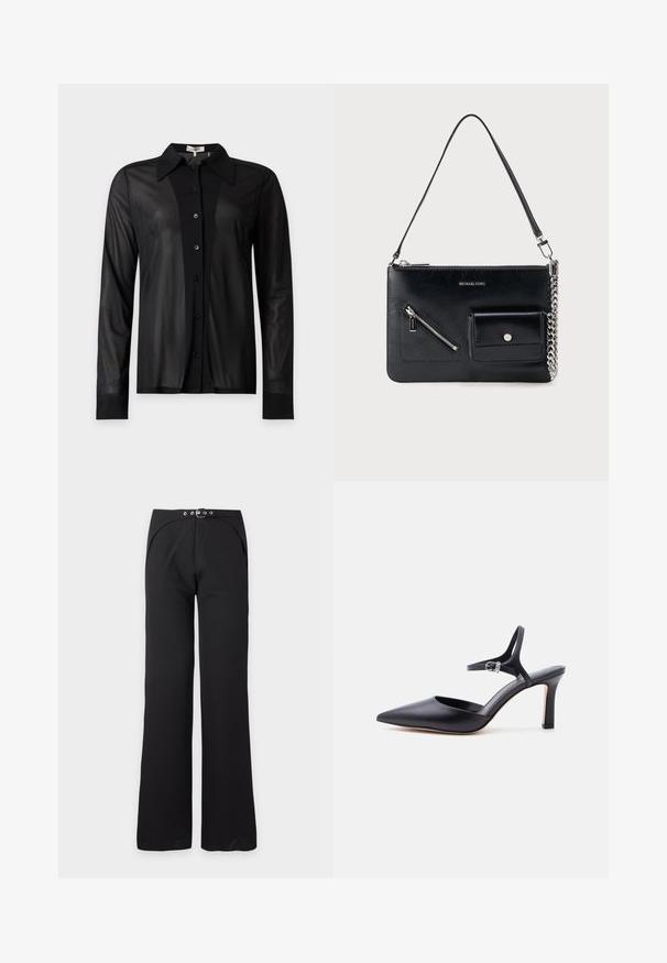 Chemise noire transparente à manches longues, boutonnée, avec col pointu et patte de boutonnage unie, présentée sur fond gris clair.; Pantalon noir taille haute à jambes larges avec ceinture noire intégrée comportant des œillets et une boucle argentés, présenté à plat sur fond blanc.; Escarpin noir à bout pointu avec fine bride à la cheville et boucle argentée, finition en cuir lisse, chaussure élégante pour femme.; Sac à bandoulière en cuir noir Michael Kors avec fermeture éclair supérieure, poche avant zippée en diagonale, poche à rabat avec bouton-pression et détail en chaîne argentée.