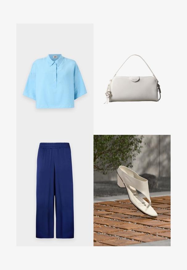 Lyseblå cropped skjorte med krave, frontlukning med knapper og korte ærmer. Lavet af et glat, letvægtsstof.; Marineblå buks med bred ben, med elastisk talje, lavet af glat stof, der har et enkelt og funktionelt design uden synlige mønstre.; Hvid læderhæl sandal med bred rem og tåpost, vist udendørs på en overflade med træ og grusfliser med grønt i baggrunden.; Hvid rektangulær Calvin Klein håndtaske med enkelt håndtag, minimalistisk design og dekorative kvaster med geometrisk metalvedhæng på siden.