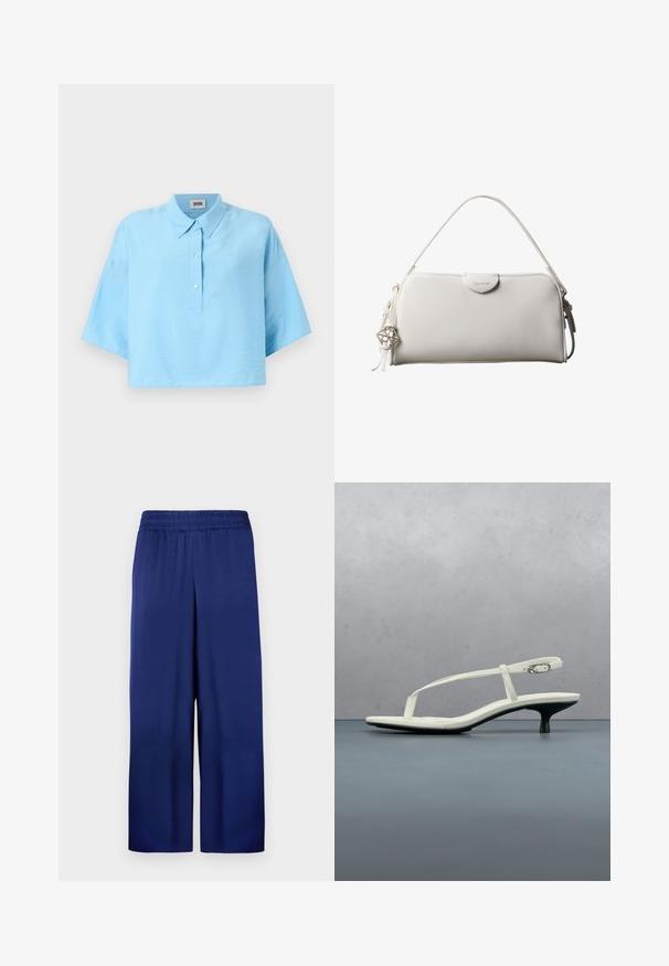Lyseblå cropped skjorte med krave, frontlukning med knapper og korte ærmer. Lavet af et glat, letvægtsstof.; Marineblå buks med bred ben, med elastisk talje, lavet af glat stof, der har et enkelt og funktionelt design uden synlige mønstre.; Hvid sandal med stropper og kitten-hæl med spids tå, svævende over et trægulv udendørs med en sløret plante og væg i baggrunden.; Hvid rektangulær Calvin Klein håndtaske med enkelt håndtag, minimalistisk design og dekorative kvaster med geometrisk metalvedhæng på siden.