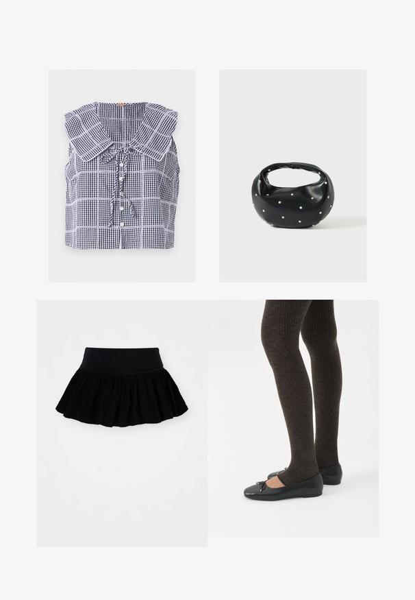Blusa sin mangas de cuadros vichy azul marino y blanco con cuello cuadrado grande, botones delanteros y detalle de lazo en el escote.; Falda negra acampanada con tejido fruncido y texturizado y una cinturilla ancha. Diseño simple, sin patrones ni herrajes presentes.; Piernas con leggings oscuros acanalados combinados con bailarinas negras que presentan pequeños detalles de lazo sobre un fondo blanco.; Bolso de mano de cuero negro con forma redondeada, decorado con detalles de tachuelas plateadas y un asa corta. Textura lisa y cierre con cremallera.