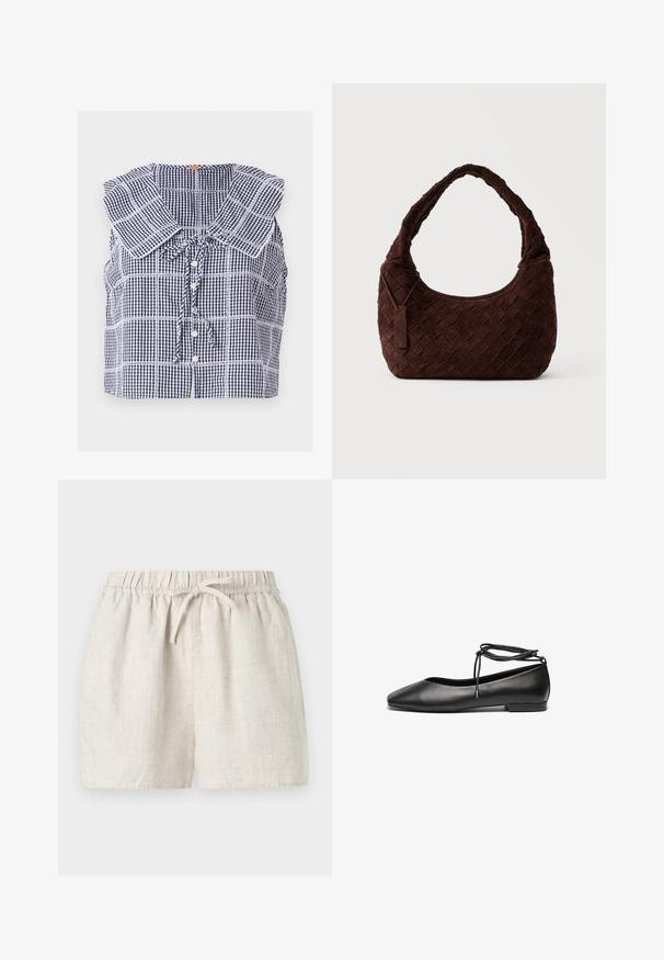 Blouse sans manches à carreaux bleu marine et blanc avec grand col carré, boutons sur le devant et détail noué au niveau de l'encolure.; Shorts en lin de couleur beige clair, dotés d'une taille élastique avec cordon de serrage, d'une coupe décontractée, d'une texture lisse et sans poches.; Ballerines noires en cuir avec un bout pointu, un talon plat et un détail de lacet autour de la cheville. Texture lisse, design minimaliste.; Sac à épaule en cuir tressé marron foncé avec une forme douce et arrondie et une large anse, avec une petite étiquette en cuir attachée.