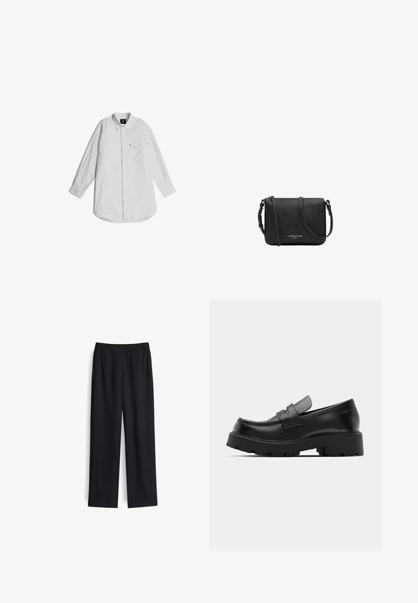 Weißes Langarmhemd aus leichtem Baumwollstoff. Mit einem Button-down-Kragen, einer Brusttasche und dezenten Stichdetails.; Schwarze weite Hose aus glattem Stoff mit elastischem Bund und ohne sichtbare Taschen. Gerade Form mit sauberem Finish.; Schwarze Leder-Loafers mit einer chunky strukturierten Sohle, ausgestattet mit einem Riemen über dem Spann und einer glatten, polierten Oberfläche.; Schwarze Leder-Umhängetasche mit verstellbarem Riemen und silbernem Reißverschluss, "Liebeskind Berlin" Logo in der Mitte vorne.