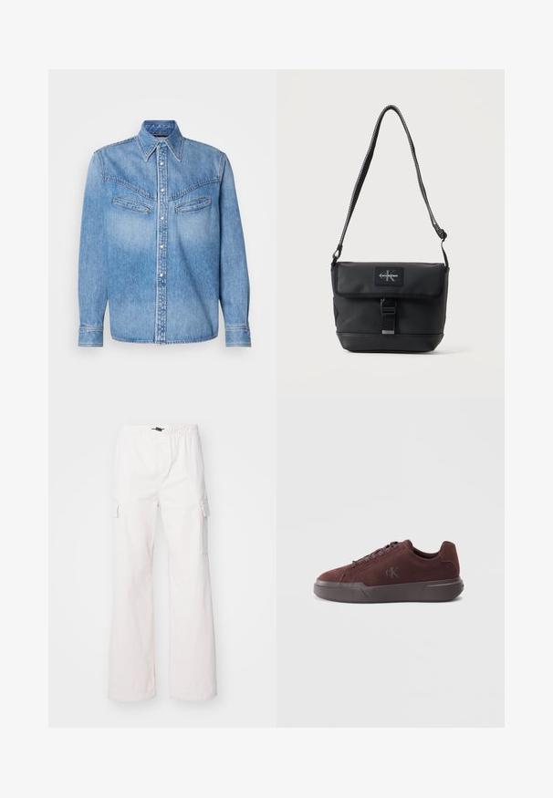 Lichtblauwe spijkerblouse met lange mouwen, een puntige kraag, twee borstzakken en een knoopsluiting aan de voorkant. Beschikt over witte knopen en contraststiksel.; Denim Project DPMDPPARACHUTE CARGO PANTS - Cargobroek - jet stream; Bordeaux suède sneaker met een rubberen zool, voorzien van ronde veters en een subtiele, geïmplanteerde logo op de zijkant voor branding.; Zwarte Calvin Klein schoudertas met verstelbare band, voorflap, gespsluiting en zichtbaar merklogo-patch.