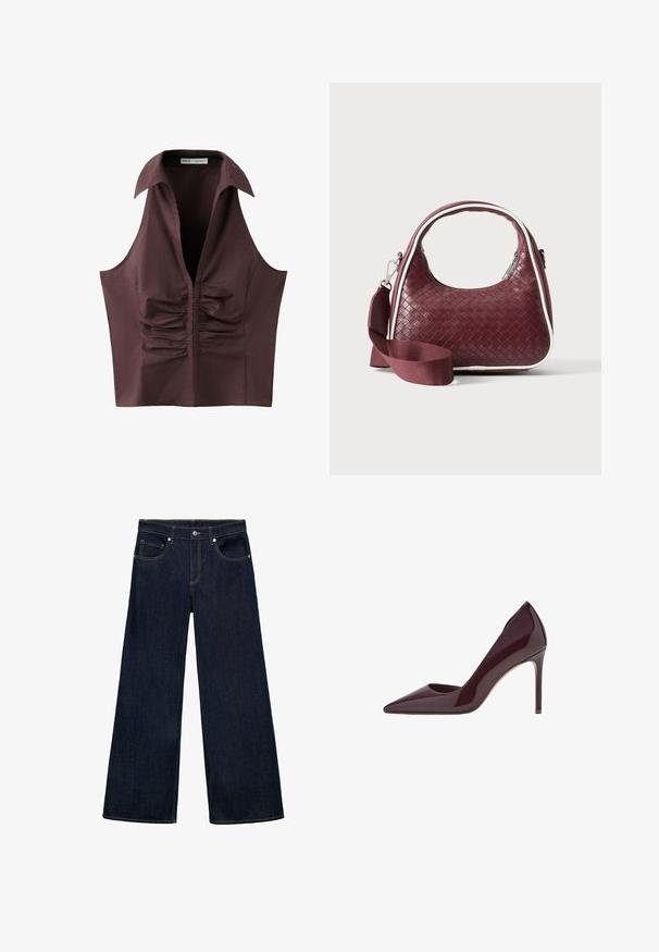 Mouwloze donkerbruine blouse met diepe V-hals, brede kraag en geplooid gerimpeld detail aan de voorkant in het midden.; Donkerblauwe denim wijde jeans met een hoge taille, voorzien van vijf zakken, metalen knoopsluiting en zichtbare stikselaccenten.; Bordeaux patentleren hoge hakpumps, ontwerp met spitse neus, slanke silhouet en stilettohak. Gladde textuur met glanzende afwerking.; Donkerrode geweven leren handtas met gebogen handvat, witte bies, zilveren rits en afneembare brede stoffen schouderriem tegen een effen achtergrond.
