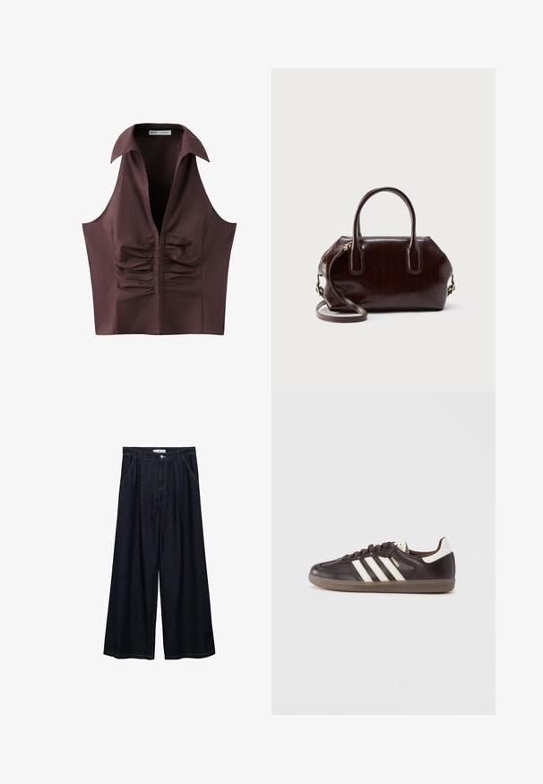 Ærmeløs mørkebrun bluse med dyb V-udskæring, bred krave og rynket, sammensyet detalje i midten foran.; Mørk denim bredbenede bukser med høj talje, der har en frontlukning med knap, to sidelommer og syningsdetaljer.; Mørkebrune lædersneakers med hvidt tre-stribet design, en gummisål og "Samba" i gyldne bogstaver på siden. Klassisk lavtopform.; Mørkebrun læderhåndtaske med dobbelte håndtag og en aftagelig skulderrem, der har en subtil tekstureret overflade og guldfarvede beslag.