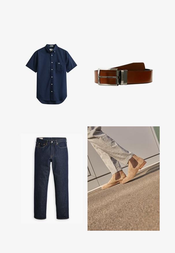 Mørkeblå kortærmet skjorte med knapper, knaplukket krave og brystlomme med lille broderet logo.; Mørkeblå denimjeans med lige skæring, prydet med fem lommer, synlige sømme og en klassisk knaplukning.; Brune ruskind Chelsea støvler med elastiske sidepaneler og en glat tan gummisål, parret med lyse grå bukser på en tekstureret overflade.; Brun læderbælte med en glat finish, der har en sølvfarvet metalknap og en logoaccent. Designet er enkelt og klassisk.