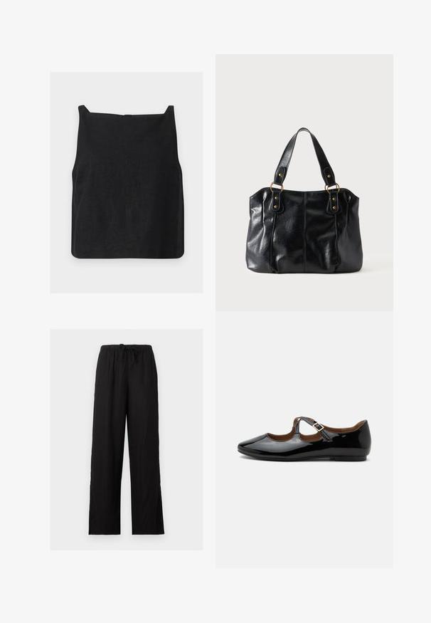 Μαύρο cropped top χωρίς μανίκια με τετράγωνο λαιμόκοψη και ίσια μπάσκα, απεικονισμένο σε λευκό φόντο.; Μαύρο παντελόνι με φαρδιά μπατζάκια, ελαστική μέση και κορδόνι, κατασκευασμένο από ελαφρύ ύφασμα, εμφανίζεται σε απλό φόντο.; Μαύρο παπούτσι Mary Jane από δέρμα με γυαλιστερή επένδυση, δύο ανοίγματα και χρυσή αγκράφα, σε λευκό φόντο.; Μαύρη δερμάτινη τσάντα ώμου με διπλές τιράντες που συνδέονται με χρυσούς κρίκους και καρφιά, λεία και ελαφρώς γυαλιστερή επιφάνεια, απλός σχεδιασμός.