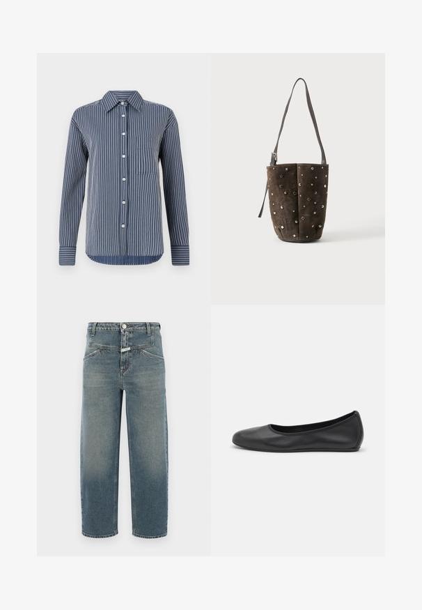 Overhemd met knopen in marineblauw en witte strepen, lange mouwen, een enkele borstzak en een klassieke kraag, gemaakt van lichtgewicht stof.; CLOSED STOVER X - Jeans Tapered Fit - mid blue; Zwarte leren ballerina met een ronde neus, gladde textuur, minimale stikdetails en een flexibele zoolontwerp.; Bruine suède bucketbag met zilveren en gouden studs in ster-, cirkel- en diamantenvorm, met een lange verstelbare schouderriem.