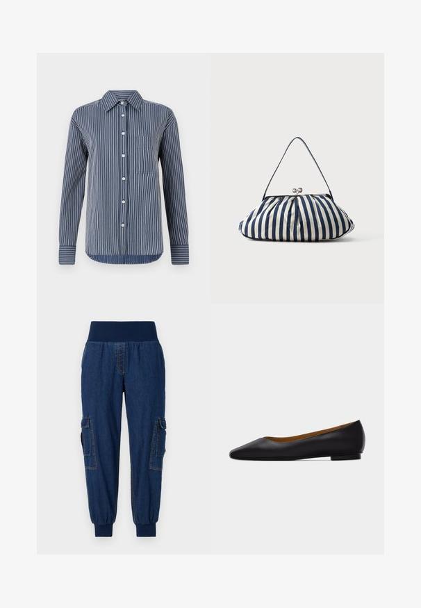 Knapp-up skjorte i marineblå og hvide striber, lange ærmer, enkelt brystlomme og klassisk krave, lavet af letvægtsstof.; Denim joggerbukser med en bred elastisk talje, to sidelommer og ribbede ankler; mørkeblå farve med kontraststing.; Sort læder flad sko med spids tå, lav hæl og glat finish, vist fra siden på en lysegrå baggrund.; Navyblå og hvid lodret stribet stofhåndtaske med sølvlås og tynd skulderrem på lys baggrund.