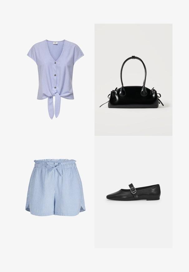 Blå- og hvidstribet kortærmet bluse med V-hals, knaplukning foran og bund der kan ties, lavet af letvægtsstof.; Lyseblå og hvide vertikale stribede dame shorts med elastisk talje og bundet snøre foran.; Sorte læder flade sko med rund tå, et enkelt justerbart spænde og en glat, blank overflade. Minimalistisk design med en lav hæl.; Lille sort blank håndtaske med to lange håndtag og snøre-detaljer i siden på en ensfarvet lys baggrund.