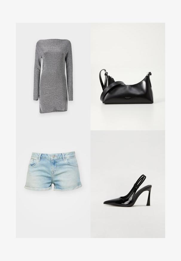 Sølvfarvet, langærmet kjole med en tætsiddende silhuet, lavet af et struktureret, glitrende stof, med en off-the-shoulder halsudskæring og en sideslids.; Lysblå denim shorts med en slidt finish, opfoldede manchetter, femlommesdesign og en knaplukning i taljen.; Sorte patenterede lædersædler med spidse tæer, slank høj hæl og dobbelt elastisk rem for sikker pasform. Glat, skinnende overflade.; Sort læderhåndtaske med en glat tekstur. Har en justerbar stropp og et enkelt, minimalistisk design med lynlås.