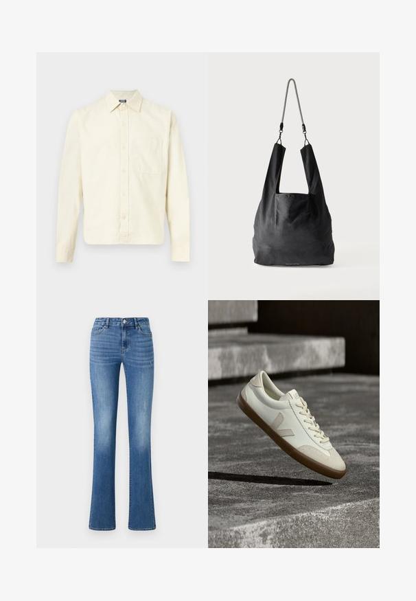 Langærmet cremefarvet skjorte med krave, knapper foran og en enkelt brystlomme, vist mod en lys baggrund.; ONLY ONLWAUW MID WAIST - Jeans Slim Fit - medium blue denim; Hvide læder sneakers med tanfarvet gummisål, flade snørebånd og V-formet detalje på siden. Har en glat overflade og minimale syninger.; Sort blød stofnettaske med brede håndtag og en tynd sort-hvid flettet skulderrem.