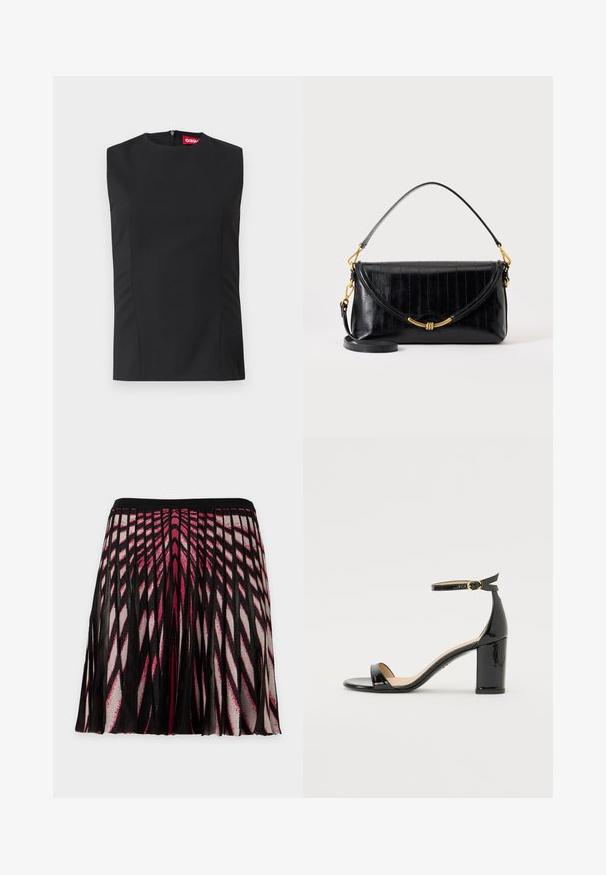 Top noir sans manches avec un col haut, des pinces sur le devant et une fermeture éclair invisible au dos. Fabriqué en tissu lisse avec une coupe structurée.; Jupe plissée noire avec des motifs géométriques roses et blancs audacieux créant un effet de rayon de soleil, avec une ceinture noire.; Sandale à talon haut en cuir verni noir avec bride à la cheville et boucle dorée, bout ouvert et talon bloc sur fond blanc.; Sac à main rectangulaire en cuir noir avec couture verticale, fermoir doré incurvé, poignée courte et bandoulière longue amovible sur fond blanc.