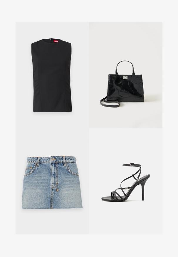 Schwarzes ärmelloses Oberteil mit hohem Halsausschnitt, Vorderfalten und unsichtbarem Reißverschluss auf der Rückseite. Hergestellt aus glattem Stoff mit strukturierter Passform.; Helles blaues Jeans-Minikleid mit tailliertem Bund, vorderem Knopfverschluss und zwei seitlichen Taschen. Verfügt über rohe Säume und kontrastierende Nähte.; Schwarze High-Heel-Sandale mit dünnen Riemen, einem Knöchelverschluss, einer glatten Lederoberfläche und einem schlanken Stiletto-Absatz.; Schwarze Handtasche aus Lackleder mit abgerundeten Griffen, abnehmbarem Schulterriemen und silberner Verschlussklammer auf einfachem weißem Hintergrund.