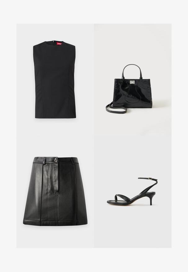 Top noir sans manches avec un col haut, des pinces sur le devant et une fermeture éclair invisible au dos. Fabriqué en tissu lisse avec une coupe structurée.; Jupe en cuir noir avec une forme structurée, dotée d'une poche avant et d'un accent métallique à la taille. Texture lisse et détails de couture.; Sandale pour femme en cuir noir avec fines lanières, une boucle d'orteil, une boucle à la cheville et un talon aiguille de hauteur moyenne sur un fond neutre.; Sac à main en cuir verni noir avec poignées arrondies, bandoulière détachable et fermeture à boucle argentée sur fond blanc uni.